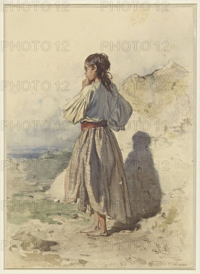 Hungarian woman, standing three-quarters to the left, seen from behind, 1855. Creator: August von Pettenkofen.