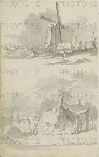 Windmill in a landscape and a village view, c.1780-c.1800. Creator: Bernhard Heinrich Thier.