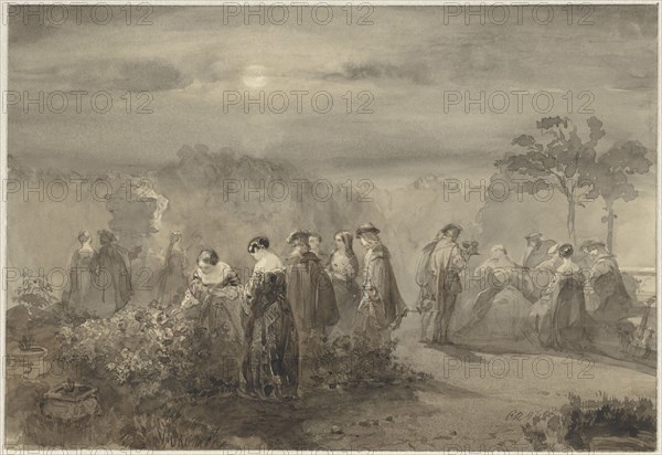 Company of ladies and gentlemen in a court with rose bushes that are lit by the moon, 1847. Creator: Charles Rochussen.