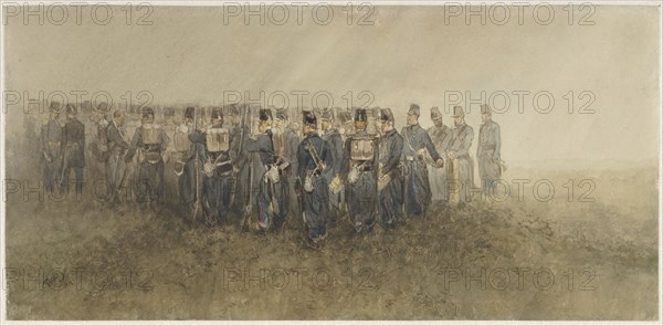 Break of a battalion of infantry on the heath, 1860. Creator: Charles Rochussen.