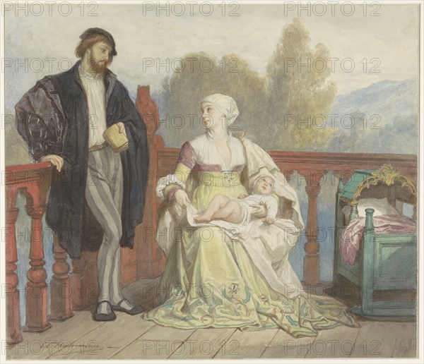 Francesca di Rimini and Paolo di polenta with child on a balcony, 1829-1888. Creator: Edouard Jean Conrad Hamman.