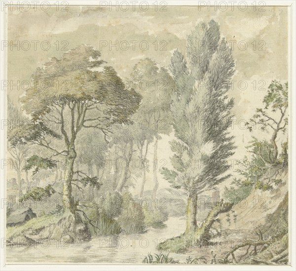 Forest landscape with a stream, and a hill on the right, 1677-1755. Creator: Elias van Nijmegen.