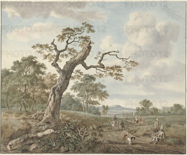 Landscape with hunting company on a country road, 1786. Creator: Gerard van Nijmegen.