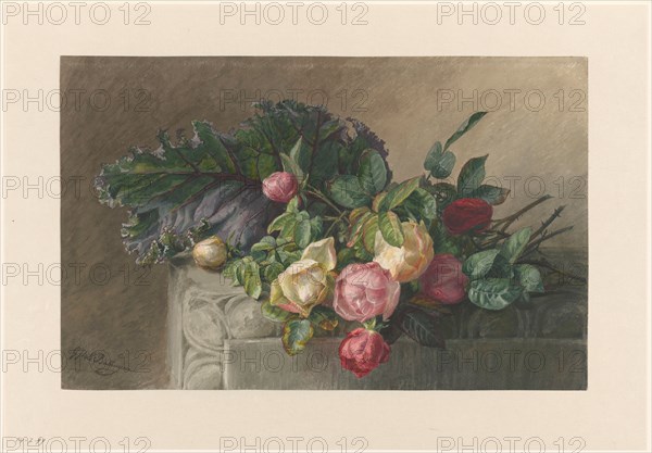 Still life with roses and cabbage leaf, 1836-1892. Creator: Gerardina Jacoba van de Sande Bakhuyzen.