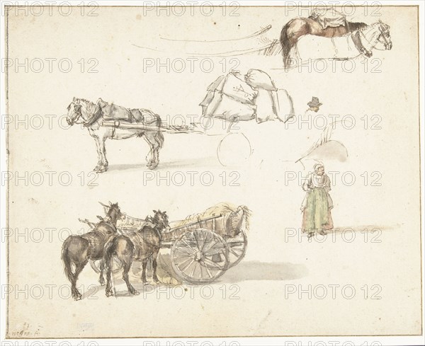 Some studies of carts and a standing farmer's wife, 1633-1687. Creator: Gillis Neyts.