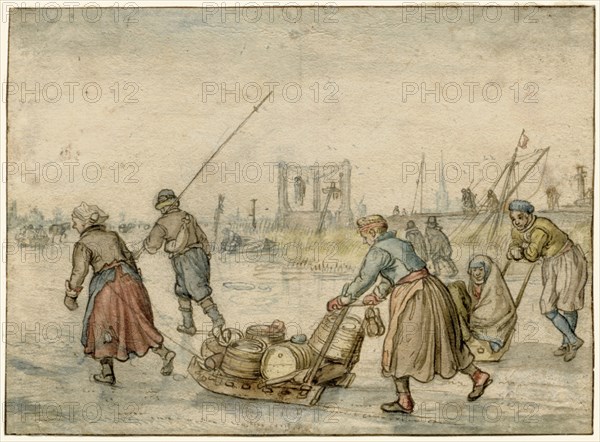 Winter Landscape with Two Women and a Sledge and Other Figures on the Ice, a Gallows...c.1620-c.1625 Creator: Hendrick Avercamp.