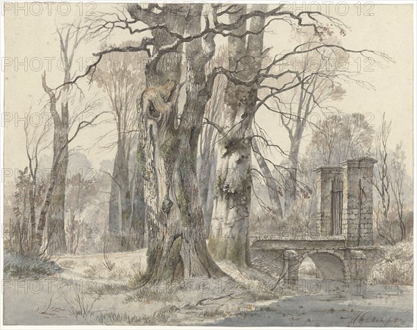 Winter landscape with gate between trees, 1835. Creator: Hendrik Gerrit ten Cate.