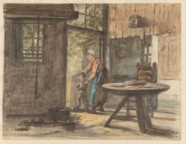 Woman lets boy go outside, 1836-1896. Creator: Hendrik Valkenburg.