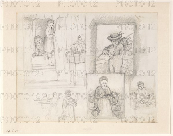 Sketches of children on Sinterklaas morning; boy and girl with a basket, 1836-1896. Creator: Hendrik Valkenburg.