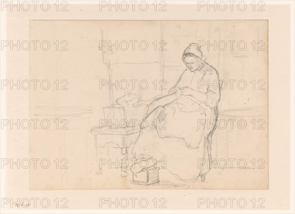 Seated woman with sewing work, 1836-1896. Creator: Hendrik Valkenburg.