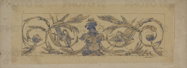Rectangular field with symmetrical leaf vines with banners, weapons and a laurel wreath, with a helm Creator: Henri Cameré.