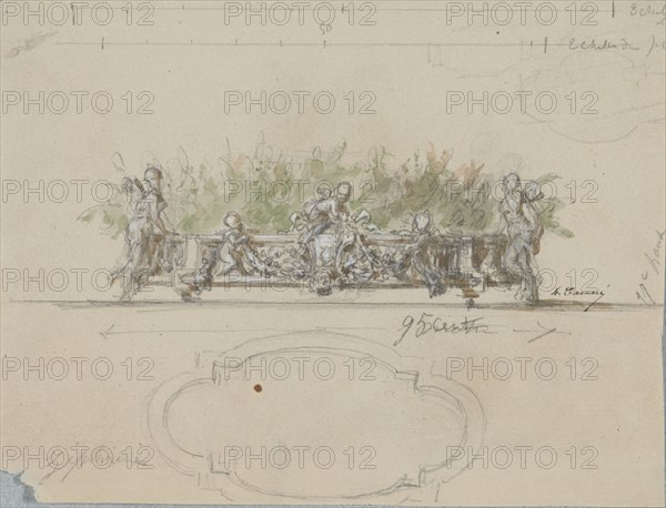 Design for Jardinière filled with plants, with a few floor plans, c.1864-c.1894. Creator: Henri Cameré.