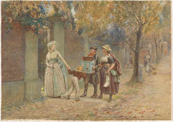 Man with a viewing box, and a seller of songs, 1868-1928.  Creator: Henry Reynolds Steer.