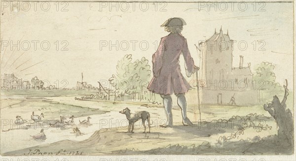 Man with dog near water, 1682-1708.  Creator: J. Paon.