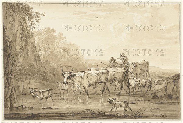 Shepherd and Shepherdess with cattle and sheep at a pool, 1766-1815. Creator: Jacob van Strij.