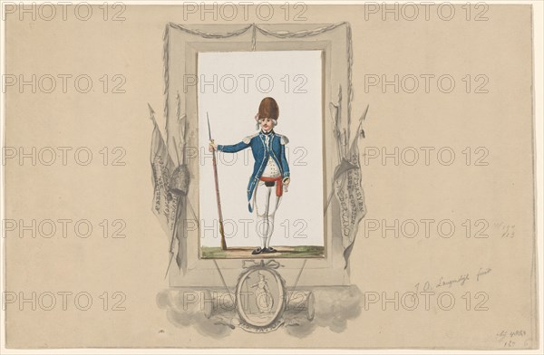 Standing soldier in ornamental frame, 1790-1818. Creator: Jan Antony Langendijk.