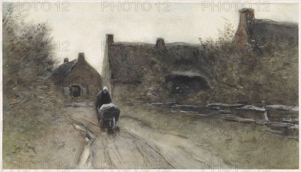 Village view with woman pushing wheelbarrow, 1864-1892. Creator: Johannes Cornelis van Essen.