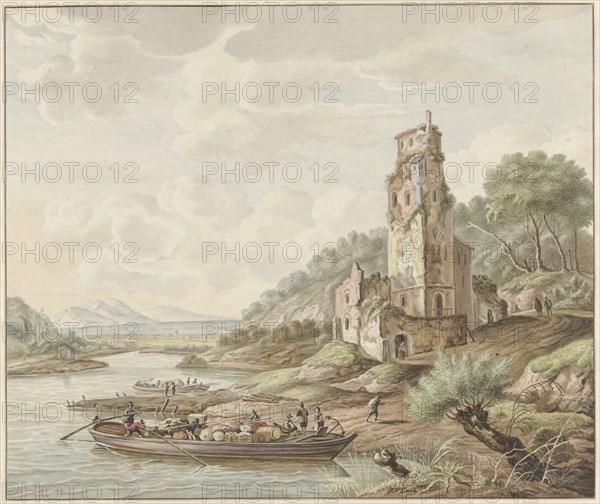 Landscape with loaded barge near a castle, 1776. Creator: Jan van Lockhorst.