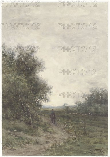 Landscape with a rider and a herd of sheep with shepherd, 1856-1892. Creator: Jan Vrolijk.