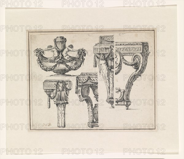 Two designs for tables, stands, a vase and a bowl on a stand, c.1765-c.1780. Creator: Jean Charles Delafosse.