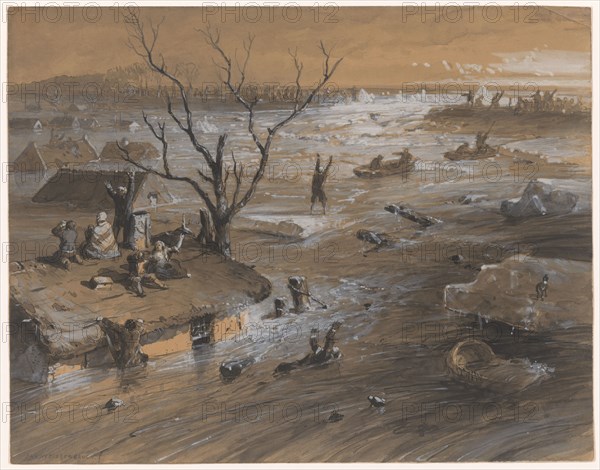 Dyke breach in Brakel, January 4, 1861, (1861).  Creator: Jan Hendrik Weissenbruch.