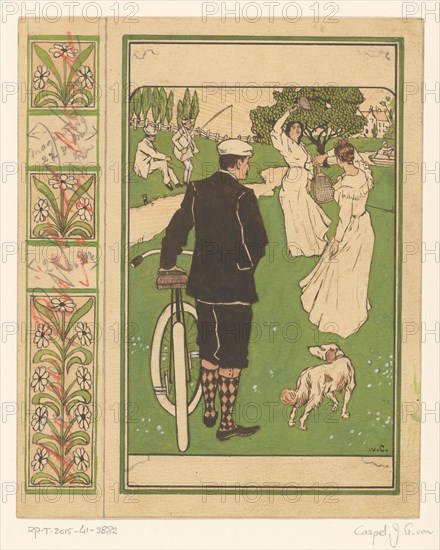 Book cover design, man with bicycle and badminton players, 1880-1928.  Creator: Johann Georg van Caspel.