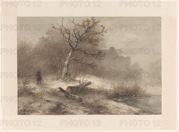 Winter landscape with man collecting firewood, 1850. Creator: Johannes Franciscus Hoppenbrouwers.