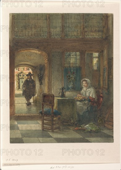 Woman peeling apples, and a man in the hallway, 1831-1892. Creator: Johannes Anthonie Balthasar Stroebel.