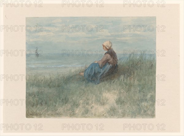 Woman sitting on the dunes watching the sea, 1834-1892. Creator: Jozef Israels.