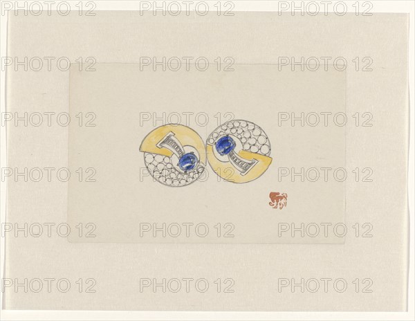 Design for jewel, made up of two round halves, with gold, sapphire and brilliants, c.1920-c.1930. Creator: Jules Chadel.