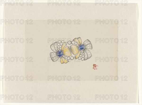 Design for jewel in the form of two stylized flowers, with gold and sapphire, c.1920-c.1930. Creator: Jules Chadel.