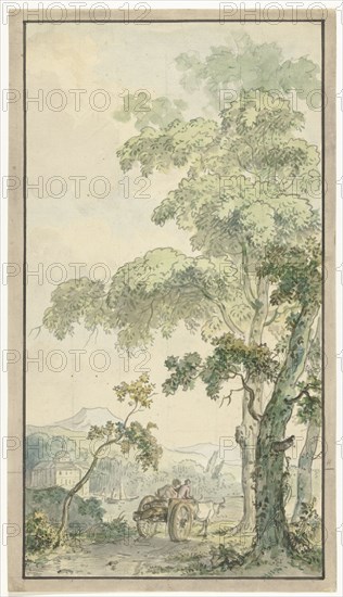 Design for room wallpaper of landscape with cart, c.1752-c.1819. Creators: Juriaan Andriessen, Isaac de Moucheron.
