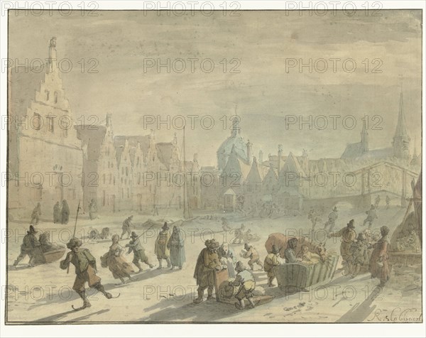 Galgewater in Leiden with ice entertainment, 1639-1654. Creator: Karel Slabbaert.