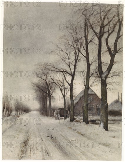 Winter landscape with farmhouse and row of trees, 1860-1892. Creator: Louis Apol.