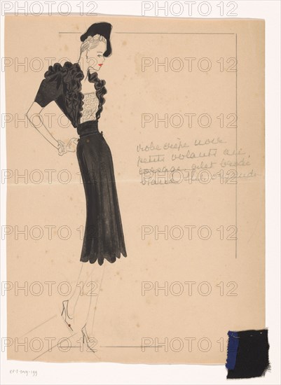 Robe crepe noir (avec) petits volants au corsage, gilet brodé blanc sur organdi, 1938-1939.  Creator: Marcel Dhorme.