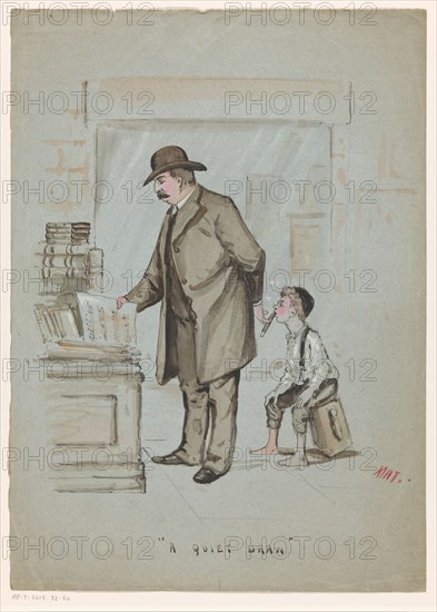 Boy secretly takes a puff of a cigar held by a man looking at sheet music, c.1900-c.1950. Creator: Mat.