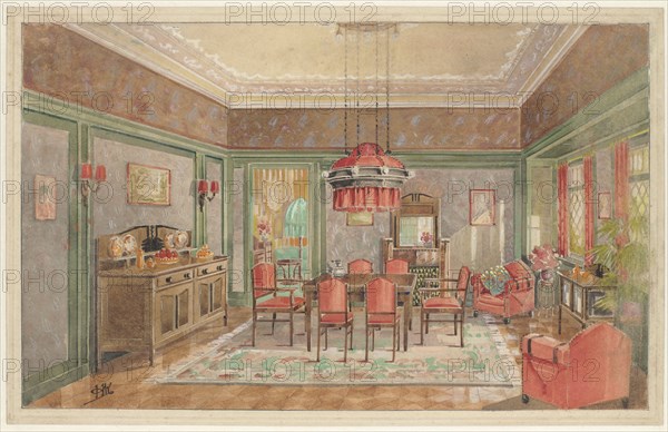 Dining room with red chairs, c.1925. Creator: Monogrammist HK.