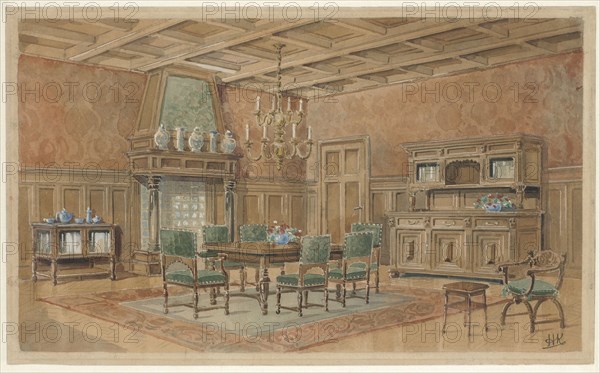 Dining room with chimney in Renaissance style, c.1925. Creator: Monogrammist HK.