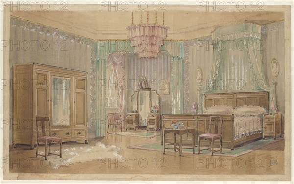 Bedroom with oval portraits, c.1925. Creator: Monogrammist HK.