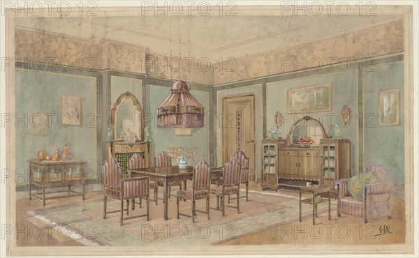 Dining room with cupboard with orange service, c.1925. Creator: Monogrammist HK.