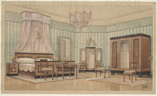 Bedroom with light crown in bed sky, c.1925. Creator: Monogrammist HK.