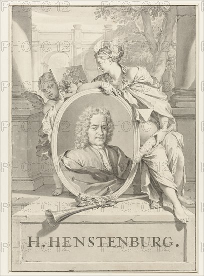 Portrait of Herman Henstenburgh in an oval frame, held by female figure and putto, 1683-1746. Creator: Nicolaas Verkolje.