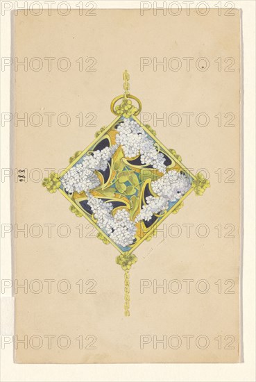 Design for a pendant with flower branches of lilacs, enamelled gold, c.1905. Creator: Paul Louchet.