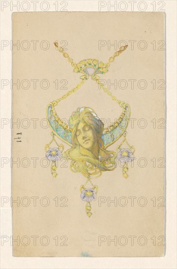 Design for a pendant with a sleeping women's head and poppies, enamelled gold, c.1905. Creator: Paul Louchet.
