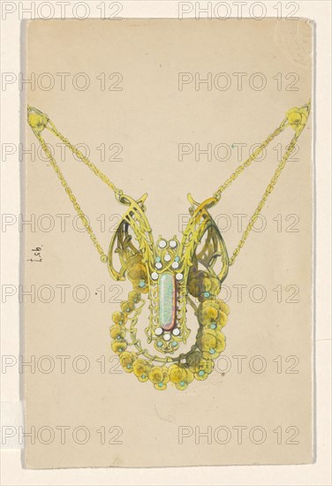 Design for a pendant with violets, enamelled gold with an opal, c.1905. Creator: Paul Louchet.