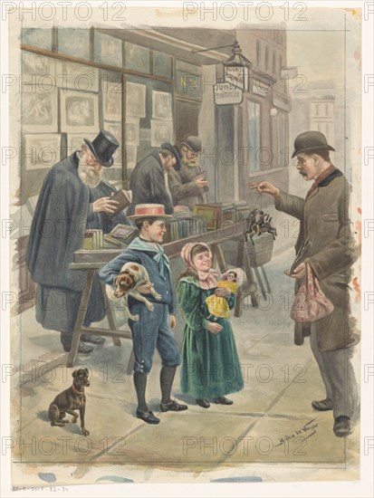 Man shows two children toys on the pavement outside a print shop, c.1875-c.1925. Creator: Pedro de Weyer.