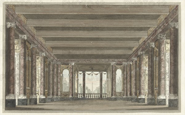 Design for a theater decor of a column gallery with Loggia, 1779. Creator: Pieter Barbiers.