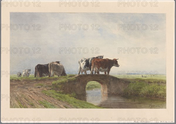 Cows on a stone bridge, 1838-1892. Creator: Pieter Stortenbeker.