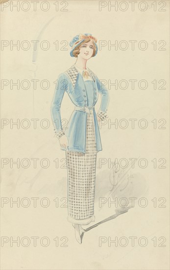 Young woman in black and white checkered ensemble, 1914. Creator: Price.