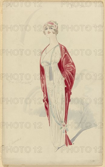 Woman in white evening dress with floral pattern, No. D.34, 1914. Creator: Price.